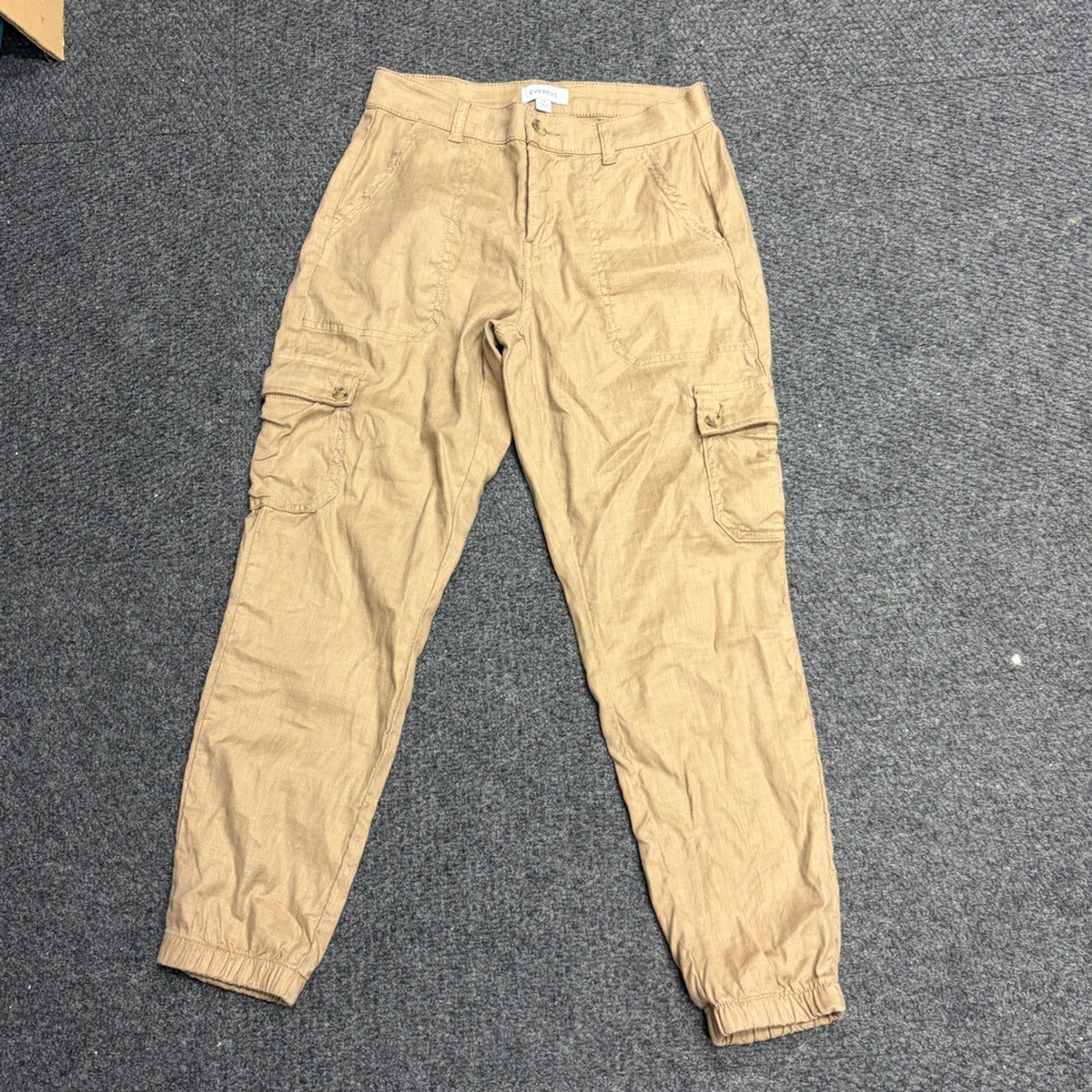 Evereve Tan Khaki Linen Blend Herringbone Cargo Jogger Pants Size 28